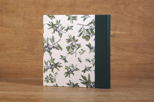 Handmade album with olive motif and linen spine